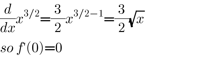 (d/dx)x^(3/2) =(3/2)x^(3/2−1) =(3/2)(√x)  so f′(0)=0  