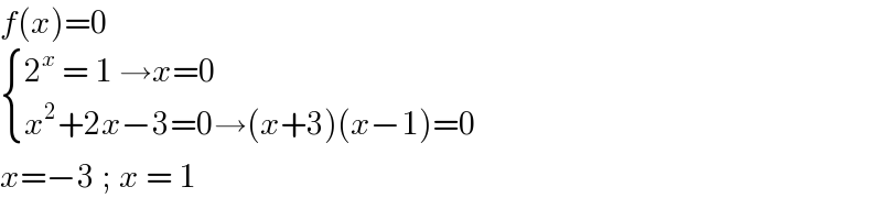 f(x)=0   { ((2^x  = 1 →x=0)),((x^2 +2x−3=0→(x+3)(x−1)=0)) :}  x=−3 ; x = 1  