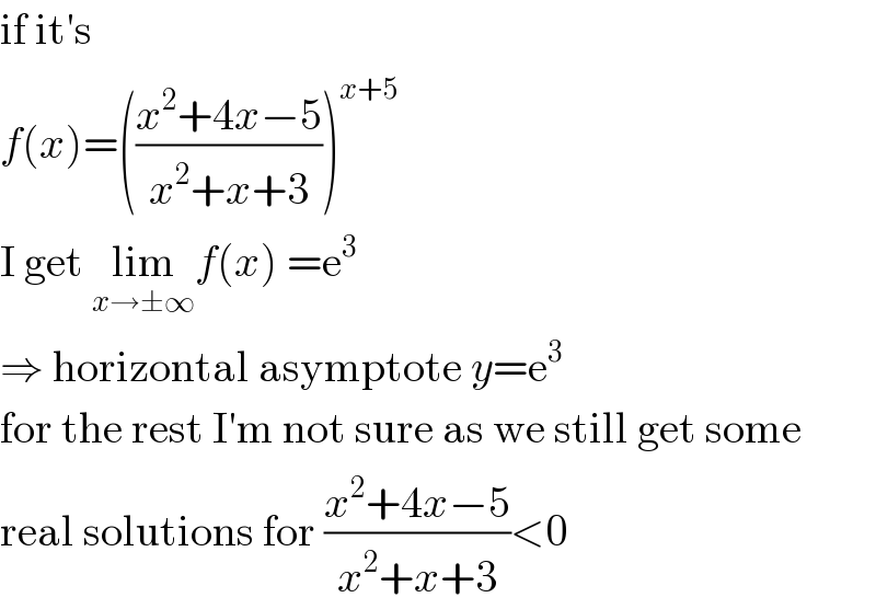 if it′s  f(x)=(((x^2 +4x−5)/(x^2 +x+3)))^(x+5)   I get lim_(x→±∞) f(x) =e^3   ⇒ horizontal asymptote y=e^3   for the rest I′m not sure as we still get some  real solutions for ((x^2 +4x−5)/(x^2 +x+3))<0  