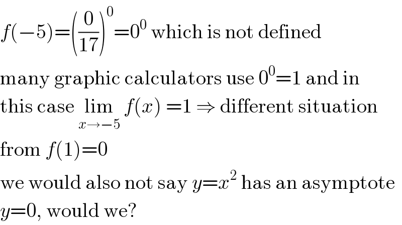 f(−5)=((0/(17)))^0 =0^0  which is not defined  many graphic calculators use 0^0 =1 and in  this case lim_(x→−5)  f(x) =1 ⇒ different situation  from f(1)=0  we would also not say y=x^2  has an asymptote  y=0, would we?  