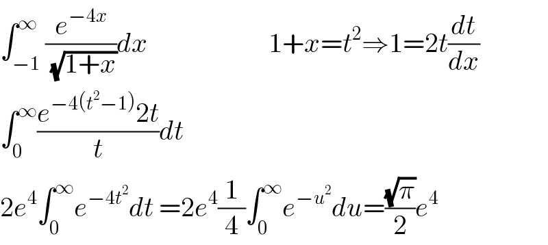 ∫_(−1) ^∞ (e^(−4x) /( (√(1+x))))dx                      1+x=t^2 ⇒1=2t(dt/dx)  ∫_0 ^∞ ((e^(−4(t^2 −1)) 2t)/t)dt  2e^4 ∫_0 ^∞ e^(−4t^2 ) dt =2e^4 (1/4)∫_0 ^∞ e^(−u^2 ) du=((√π)/2)e^4   