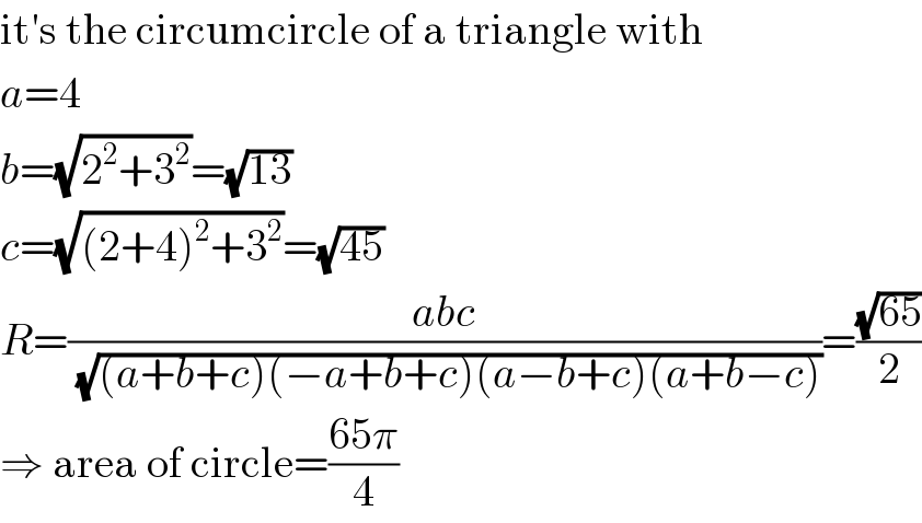 it′s the circumcircle of a triangle with  a=4  b=(√(2^2 +3^2 ))=(√(13))  c=(√((2+4)^2 +3^2 ))=(√(45))  R=((abc)/( (√((a+b+c)(−a+b+c)(a−b+c)(a+b−c)))))=((√(65))/2)  ⇒ area of circle=((65π)/4)  
