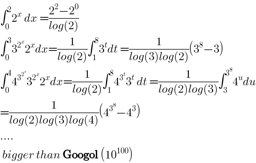 ∫_0 ^2 2^x  dx =((2^2 −2^0 )/(log(2)))  ∫_0 ^3 3^2^x  2^x dx=(1/(log(2)))∫_1 ^8 3^t dt =(1/(log(3)log(2)))(3^8 −3)  ∫_0 ^4 4^3^2^x   3^2^x  2^x dx=(1/(log(2)))∫_1 ^8 4^3^t  3^t  dt =(1/(log(2)log(3)))∫_3 ^3^8  4^u du  =(1/(log(2)log(3)log(4)))(4^3^8  −4^3 )  ....   bigger than Googol (10^(100) )  