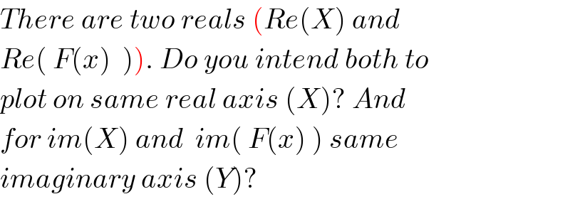 There are two reals (Re(X) and   Re( F(x)  )). Do you intend both to  plot on same real axis (X)? And   for im(X) and  im( F(x) ) same   imaginary axis (Y)?  