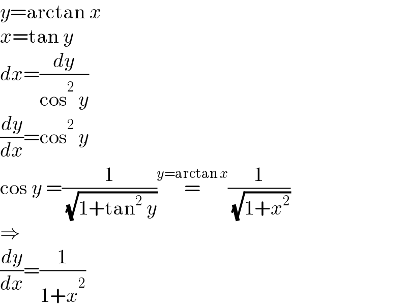 y=arctan x  x=tan y  dx=(dy/(cos^2  y))  (dy/dx)=cos^2  y  cos y =(1/( (√(1+tan^2  y))))=^(y=arctan x) (1/( (√(1+x^2 ))))  ⇒  (dy/dx)=(1/(1+x^2 ))  
