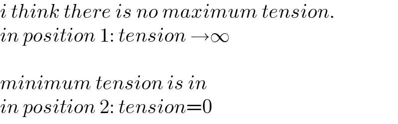 i think there is no maximum tension.  in position 1: tension →∞    minimum tension is in  in position 2: tension=0  