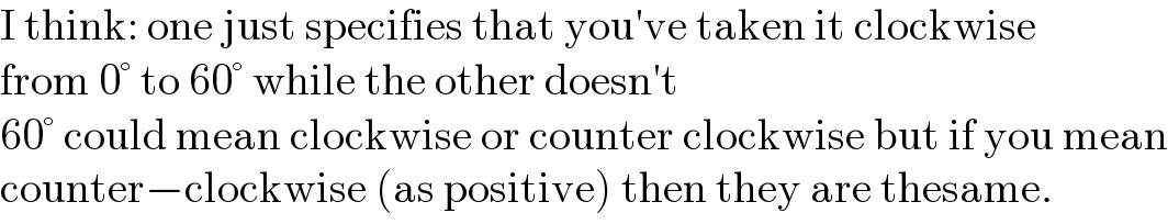 I think: one just specifies that you′ve taken it clockwise  from 0° to 60° while the other doesn′t  60° could mean clockwise or counter clockwise but if you mean  counter−clockwise (as positive) then they are thesame.  