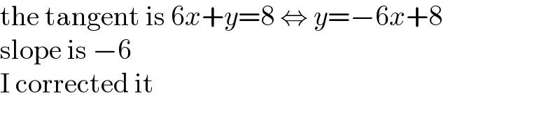 the tangent is 6x+y=8 ⇔ y=−6x+8  slope is −6  I corrected it  