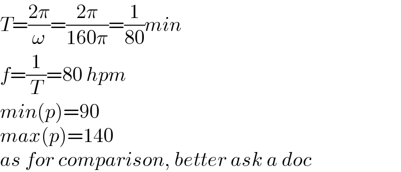 T=((2π)/ω)=((2π)/(160π))=(1/(80))min  f=(1/T)=80 hpm  min(p)=90  max(p)=140  as for comparison, better ask a doc  