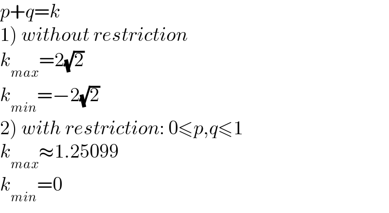 p+q=k  1) without restriction  k_(max) =2(√2)  k_(min) =−2(√2)  2) with restriction: 0≤p,q≤1  k_(max) ≈1.25099  k_(min) =0  