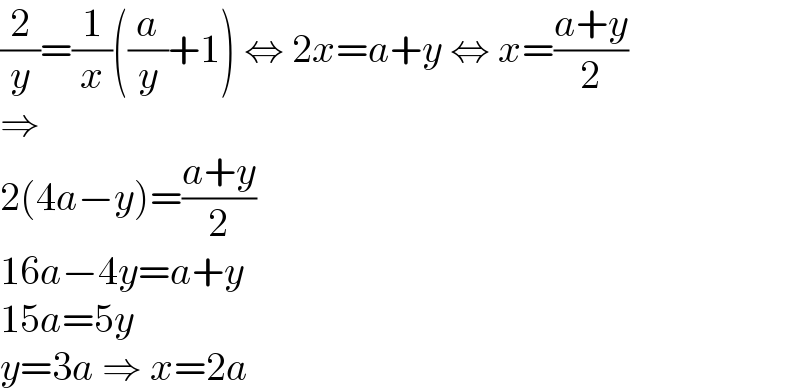 (2/y)=(1/x)((a/y)+1) ⇔ 2x=a+y ⇔ x=((a+y)/2)  ⇒  2(4a−y)=((a+y)/2)  16a−4y=a+y  15a=5y  y=3a ⇒ x=2a  