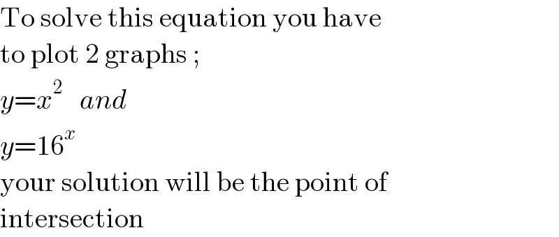 To solve this equation you have   to plot 2 graphs ;  y=x^2    and  y=16^x   your solution will be the point of   intersection  