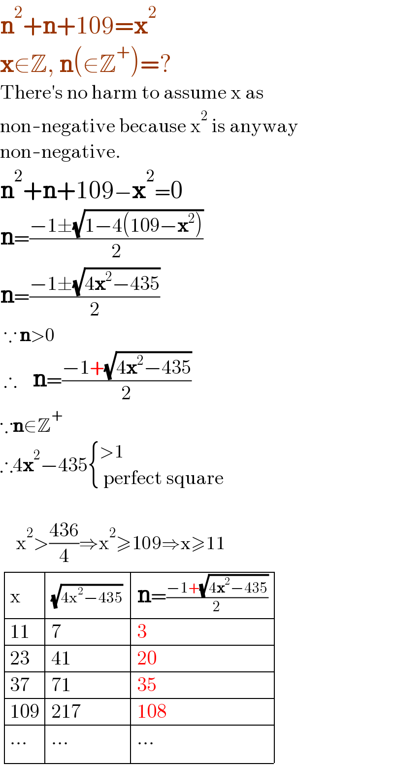 n^2 +n+109=x^2   x∈Z, n(∈Z^+ )=?  There′s no harm to assume x as   non-negative because x^2  is anyway  non-negative.  n^2 +n+109−x^2 =0  n=((−1±(√(1−4(109−x^2 ))))/2)  n=((−1±(√(4x^2 −435)))/2)   ∵ n>0   ∴    n=((−1+(√(4x^2 −435)))/2)  ∵n∈Z^+   ∴4x^2 −435 { ((>1)),(( perfect square)) :}              x^2 >((436)/4)⇒x^2 ≥109⇒x≥11   determinant ((x,((√(4x^2 −435)) ),(n=((−1+(√(4x^2 −435)))/2))),((11),7,3),((23),(41),(20)),((37),(71),(35)),((109),(217),(108)),((...),(...),(...)))  