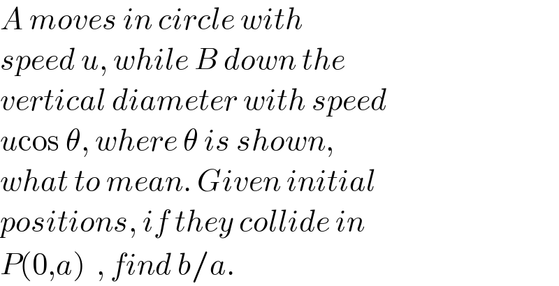 A moves in circle with   speed u, while B down the  vertical diameter with speed  ucos θ, where θ is shown,  what to mean. Given initial  positions, if they collide in  P(0,a)  , find b/a.  