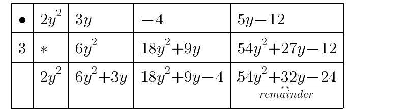    determinant ((•,(2y^2 ),(3y),(−4),(5y−12)),(3,∗,(6y^2 ),(18y^2 +9y),(54y^2 +27y−12)),(,(2y^2 ),(6y^2 +3y),(18y^2 +9y−4),(54y^2 +32y−24_(remainder) )))  