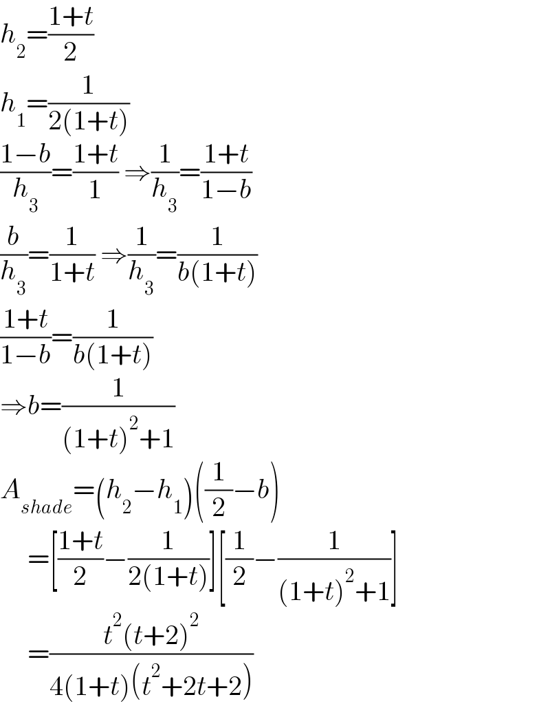 h_2 =((1+t)/2)  h_1 =(1/(2(1+t)))  ((1−b)/h_3 )=((1+t)/1) ⇒(1/h_3 )=((1+t)/(1−b))  (b/h_3 )=(1/(1+t)) ⇒(1/h_3 )=(1/(b(1+t)))  ((1+t)/(1−b))=(1/(b(1+t)))  ⇒b=(1/((1+t)^2 +1))  A_(shade) =(h_2 −h_1 )((1/2)−b)       =[((1+t)/2)−(1/(2(1+t)))][(1/2)−(1/((1+t)^2 +1))]       =((t^2 (t+2)^2 )/(4(1+t)(t^2 +2t+2)))  