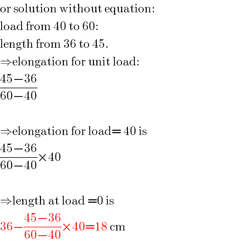 or solution without equation:  load from 40 to 60:  length from 36 to 45.  ⇒elongation for unit load:  ((45−36)/(60−40))    ⇒elongation for load= 40 is  ((45−36)/(60−40))×40    ⇒length at load =0 is  36−((45−36)/(60−40))×40=18 cm  