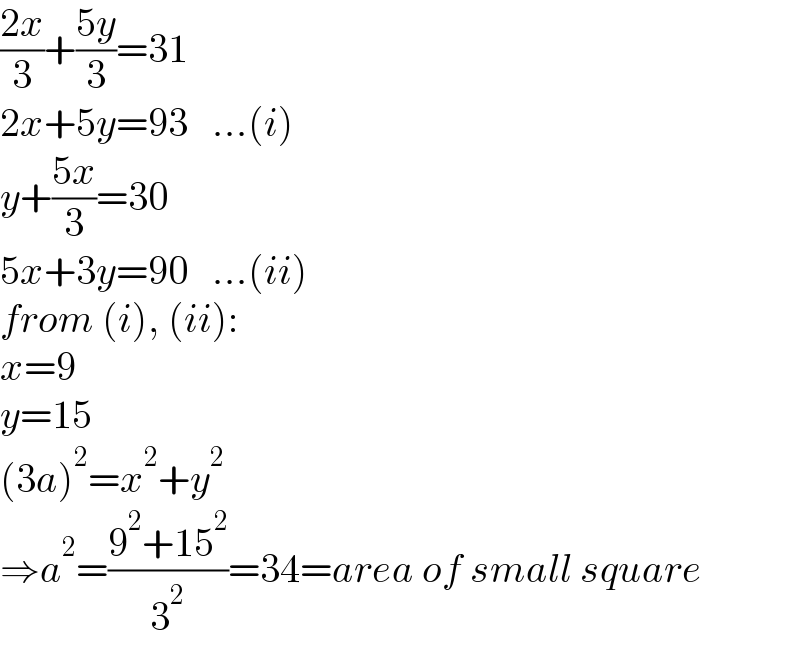 ((2x)/3)+((5y)/3)=31  2x+5y=93   ...(i)  y+((5x)/3)=30  5x+3y=90   ...(ii)  from (i), (ii):  x=9  y=15  (3a)^2 =x^2 +y^2   ⇒a^2 =((9^2 +15^2 )/3^2 )=34=area of small square  