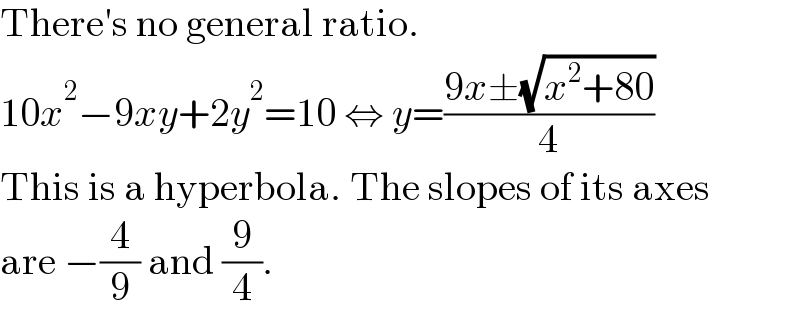 There′s no general ratio.  10x^2 −9xy+2y^2 =10 ⇔ y=((9x±(√(x^2 +80)))/4)  This is a hyperbola. The slopes of its axes  are −(4/9) and (9/4).  