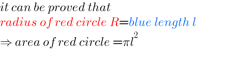 it can be proved that  radius of red circle R=blue length l  ⇒ area of red circle =πl^2   