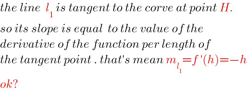 the line  l_1  is tangent to the corve at point H.  so its slope is equal  to the value of the   derivative of the function per length of   the tangent point . that′s mean m_l_1  =f ′(h)=−h  ok?  