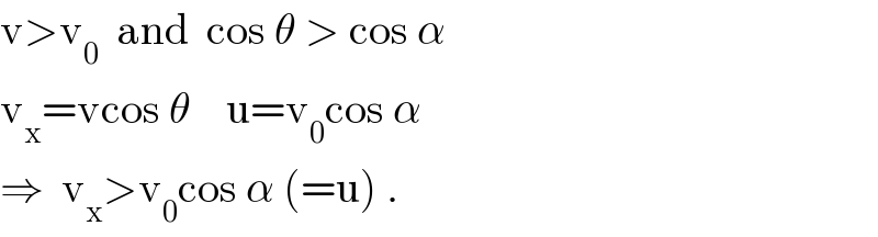 v>v_0   and  cos θ > cos α  v_x =vcos θ    u=v_0 cos α  ⇒  v_x >v_0 cos α (=u) .  
