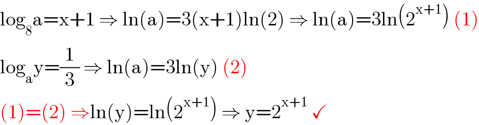 log_8 a=x+1 ⇒ ln(a)=3(x+1)ln(2) ⇒ ln(a)=3ln(2^(x+1) ) (1)  log_a y=(1/3) ⇒ ln(a)=3ln(y) (2)  (1)=(2) ⇒ln(y)=ln(2^(x+1) ) ⇒ y=2^(x+1)  ✓  