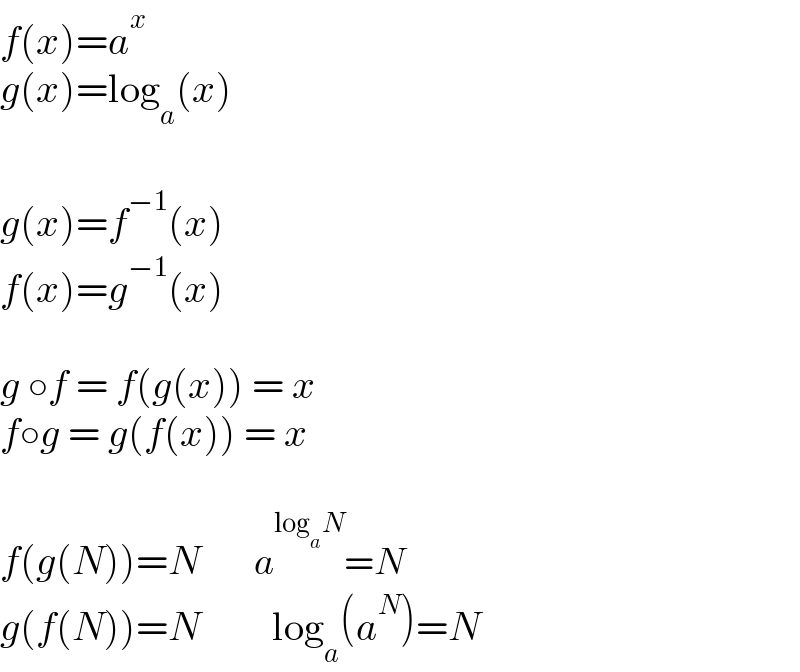 f(x)=a^x   g(x)=log_a (x)    g(x)=f^(−1) (x)  f(x)=g^(−1) (x)    g ○f = f(g(x)) = x  f○g = g(f(x)) = x    f(g(N))=N         a^(log_a N) =N  g(f(N))=N         log_a (a^N )=N  