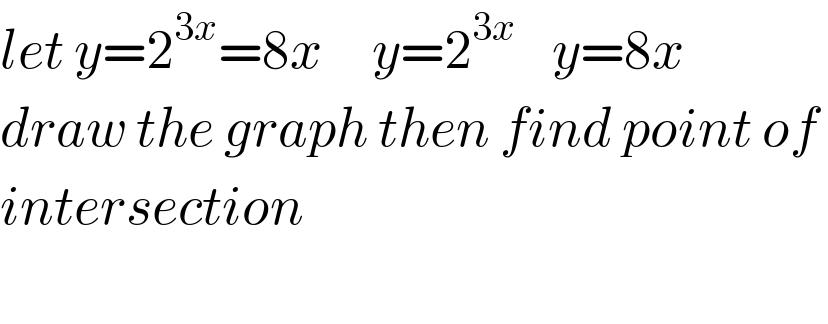 let y=2^(3x) =8x     y=2^(3x  )   y=8x  draw the graph then find point of   intersection    