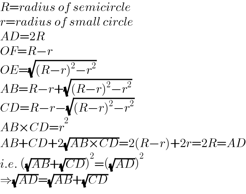 R=radius of semicircle  r=radius of small circle  AD=2R  OF=R−r  OE=(√((R−r)^2 −r^2 ))  AB=R−r+(√((R−r)^2 −r^2 ))  CD=R−r−(√((R−r)^2 −r^2 ))  AB×CD=r^2   AB+CD+2(√(AB×CD))=2(R−r)+2r=2R=AD  i.e. ((√(AB))+(√(CD)))^2 =((√(AD)))^2   ⇒(√(AD))=(√(AB))+(√(CD))  