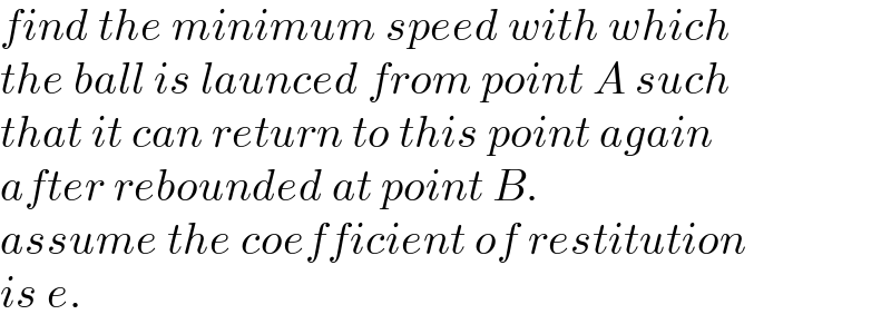 find the minimum speed with which  the ball is launced from point A such  that it can return to this point again  after rebounded at point B.  assume the coefficient of restitution  is e.   