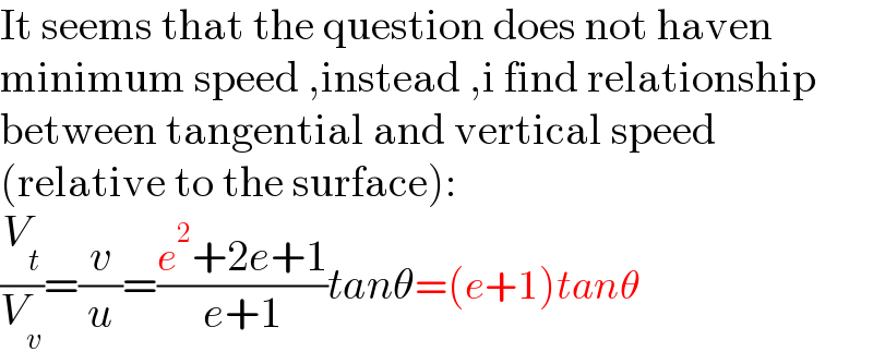 It seems that the question does not haven  minimum speed ,instead ,i find relationship   between tangential and vertical speed   (relative to the surface):  (V_t /V_v )=(v/u)=((e^2 +2e+1)/(e+1))tanθ=(e+1)tanθ  