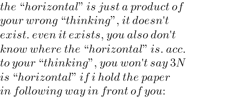 the “horizontal” is just a product of  your wrong “thinking”, it doesn′t  exist. even it exists, you also don′t  know where the “horizontal” is. acc.  to your “thinking”, you won′t say 3N  is “horizontal” if i hold the paper  in following way in front of you:  