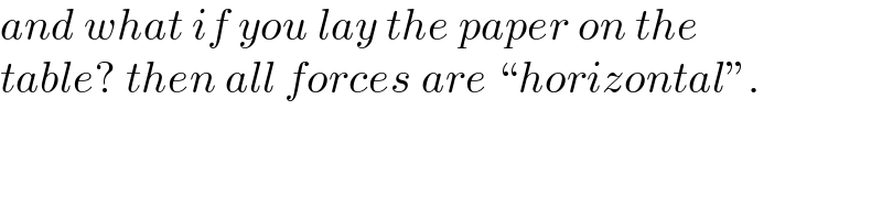 and what if you lay the paper on the  table? then all forces are “horizontal”.  
