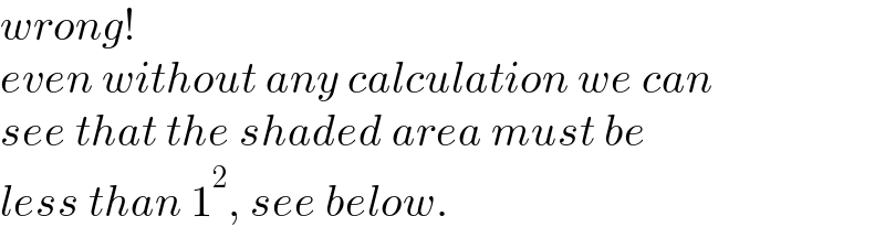 wrong!  even without any calculation we can  see that the shaded area must be   less than 1^2 , see below.  