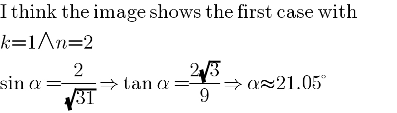 I think the image shows the first case with  k=1∧n=2  sin α =(2/( (√(31)))) ⇒ tan α =((2(√3))/9) ⇒ α≈21.05°  