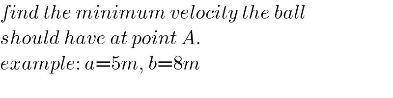 find the minimum velocity the ball  should have at point A.  example: a=5m, b=8m  