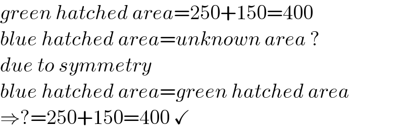 green hatched area=250+150=400  blue hatched area=unknown area ?  due to symmetry   blue hatched area=green hatched area  ⇒?=250+150=400 ✓  