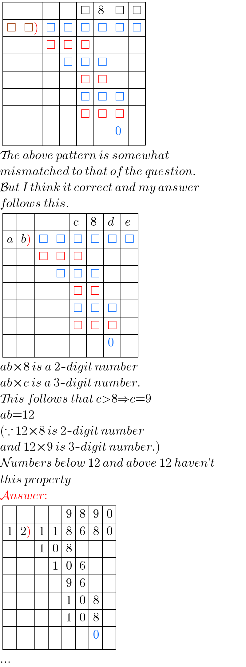  determinant (( , , , ,□,8,□,□),(□,(□)),□,□,□,□,□,□),( , ,□,□,□, , , ),( , , ,□,□,□, , ),( , , , ,□,□, , ),( , , , ,□,□,□, ),( , , , ,□,□,□, ),( , , , , , ,0, ))  The above pattern is somewhat  mismatched to that of the question.  But I think it correct and my answer  follows this.   determinant (( , , , ,c,8,d,e),(a,(b)),□,□,□,□,□,□),( , ,□,□,□, , , ),( , , ,□,□,□, , ),( , , , ,□,□, , ),( , , , ,□,□,□, ),( , , , ,□,□,□, ),( , , , , , ,0, ))  ab×8 is a 2-digit number  ab×c is a 3-digit number.  This follows that c>8⇒c=9  ab=12  (∵ 12×8 is 2-digit number  and 12×9 is 3-digit number.)  Numbers below 12 and above 12 haven′t  this property   Answer:    determinant (( , , , ,9,8,9,0),(1,(2)),1,1,8,6,8,0),( , ,1,0,8, , , ),( , , ,1,0,6, , ),( , , , ,9,6, , ),( , , , ,1,0,8, ),( , , , ,1,0,8, ),( , , , , , ,0, ))  ...   