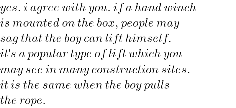 yes. i agree with you. if a hand winch  is mounted on the box, people may  sag that the boy can lift himself.  it′s a popular type of lift which you  may see in many construction sites.  it is the same when the boy pulls   the rope.  