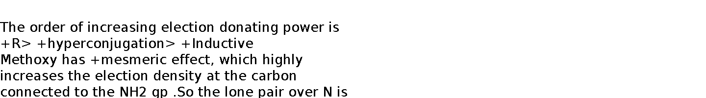   The order of increasing election donating power is  +R> +hyperconjugation> +Inductive   Methoxy has +mesmeric effect, which highly increases the election density at the carbon connected to the NH2 gp .So the lone pair over N is maximum available for coordination to H+.So this compound is maximum basic.The second position for p - toluidine.The methyl group donates election density by hyperconjugation and+I effects.Aniline comes third.Nitro gp in meta position shows mainly--I effect.In para position,Nitro group shows _R effect with extended conjugation involving nitro group.So para nitro aniline is least basic  