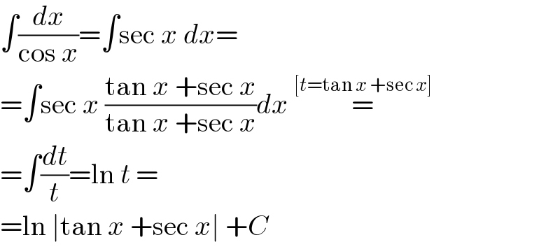 ∫(dx/(cos x))=∫sec x dx=  =∫sec x ((tan x +sec x)/(tan x +sec x))dx =^([t=tan x +sec x])   =∫(dt/t)=ln t =  =ln ∣tan x +sec x∣ +C  