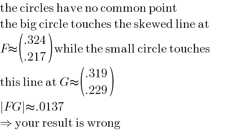 the circles have no common point  the big circle touches the skewed line at  F≈ (((.324)),((.217)) ) while the small circle touches  this line at G≈ (((.319)),((.229)) )  ∣FG∣≈.0137  ⇒ your result is wrong  