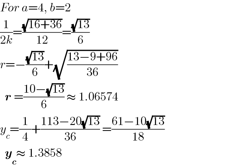 For a=4, b=2  (1/(2k))=((√(16+36))/(12))=((√(13))/6)  r=−((√(13))/6)+(√((13−9+96)/(36)))    r =((10−(√(13)))/6) ≈ 1.06574  y_c =(1/4)+((113−20(√(13)))/(36)) =((61−10(√(13)))/(18))    y_c ≈ 1.3858  