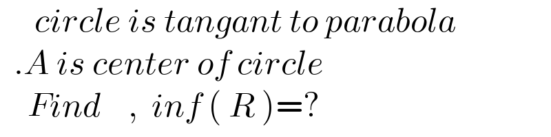      circle is tangant to parabola    .A is center of circle      Find    ,  inf ( R )=?  