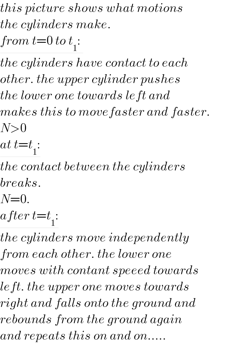 this picture shows what motions  the cylinders make.  from t=0 to t_1 :   the cylinders have contact to each  other. the upper cylinder pushes   the lower one towards left and   makes this to movefaster and faster.  N>0  at t=t_1 :  the contact between the cylinders  breaks.   N=0.  after t=t_1 :  the cylinders move independently   from each other. the lower one  moves with contant speeed towards  left. the upper one moves towards  right and falls onto the ground and  rebounds from the ground again   and repeats this on and on.....  