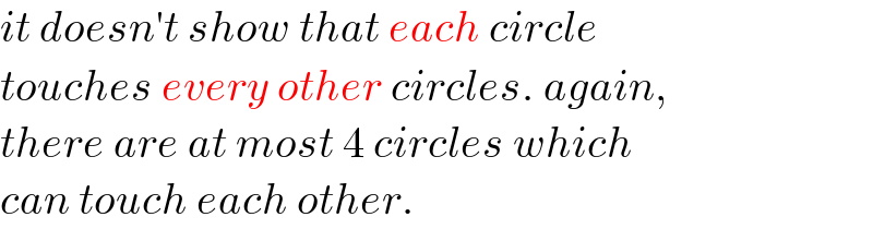 it doesn′t show that each circle   touches every other circles. again,  there are at most 4 circles which  can touch each other.   