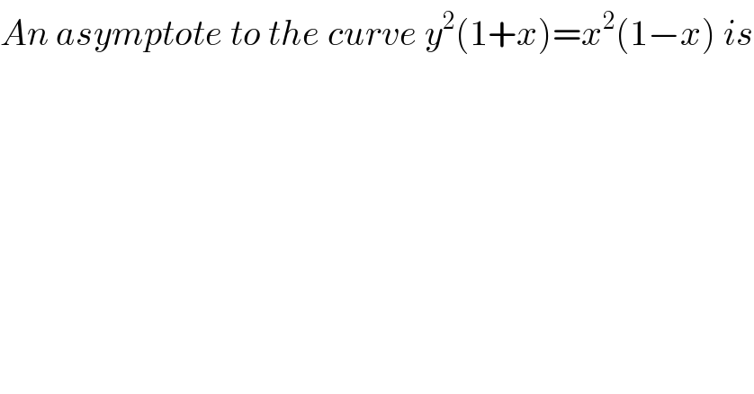 An asymptote to the curve y^2 (1+x)=x^2 (1−x) is  