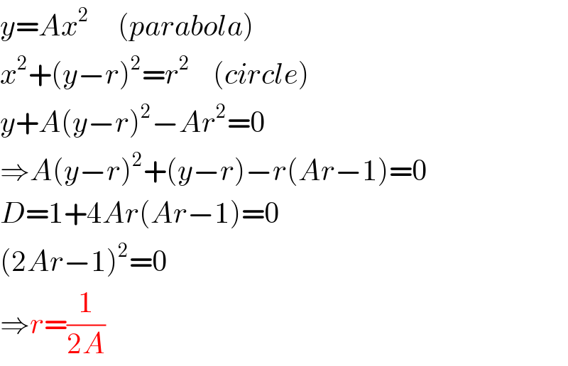 y=Ax^2      (parabola)  x^2 +(y−r)^2 =r^2     (circle)  y+A(y−r)^2 −Ar^2 =0  ⇒A(y−r)^2 +(y−r)−r(Ar−1)=0  D=1+4Ar(Ar−1)=0  (2Ar−1)^2 =0  ⇒r=(1/(2A))  