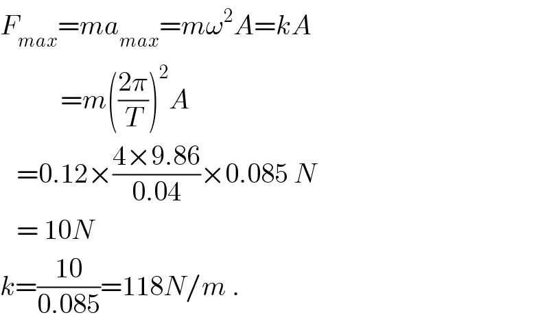 F_(max) =ma_(max) =mω^2 A=kA             =m(((2π)/T))^2 A      =0.12×((4×9.86)/(0.04))×0.085 N     = 10N  k=((10)/(0.085))=118N/m .  